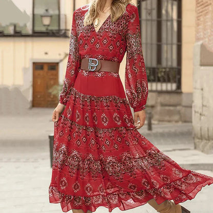 Long-sleeve boho tiered maxi dress in red with diamond print and tan waist belt