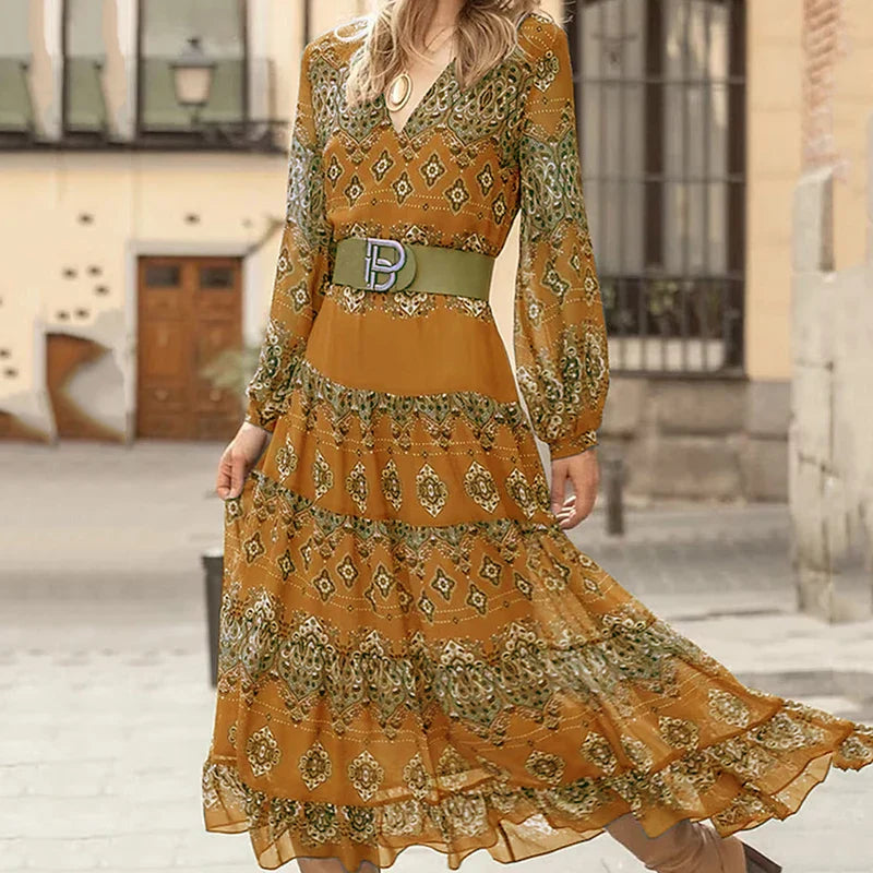 Long-sleeve boho tiered maxi dress in gold with diamond print and tan waist belt