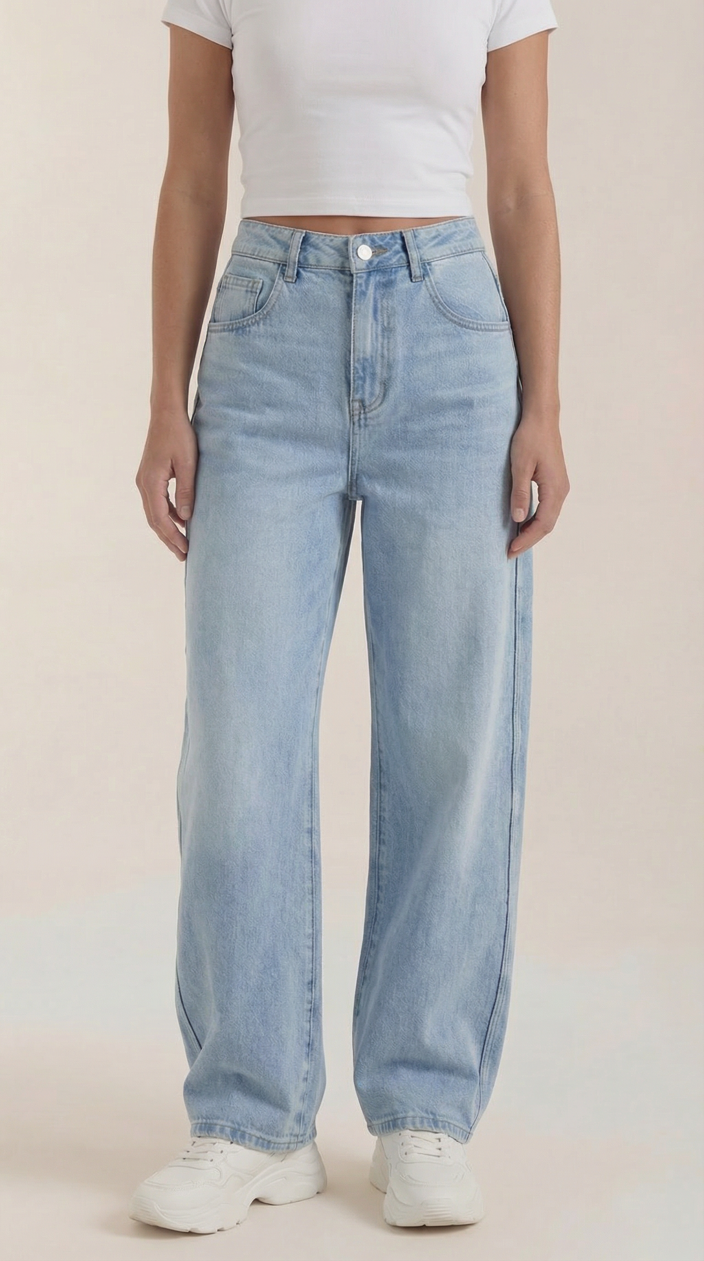 Light blue wide-leg jeans, front view with button closure and center seam