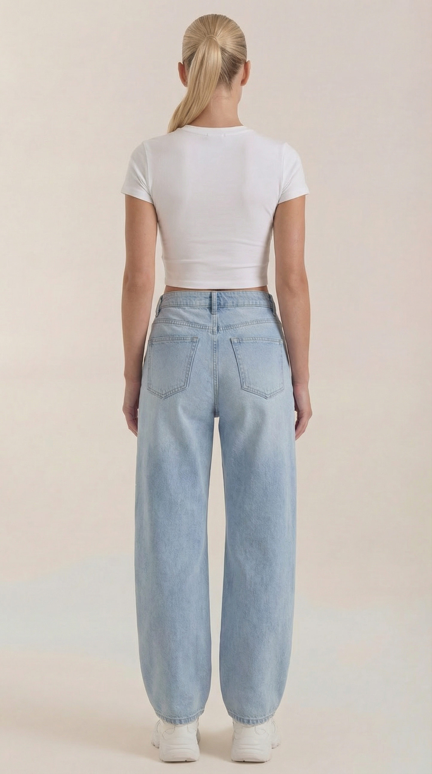 Light blue wide-leg jeans, back view with yoke and two rear pockets