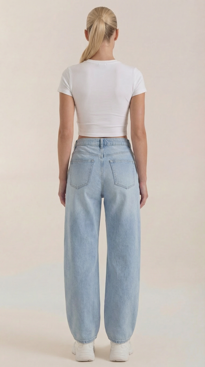 Light blue wide-leg jeans, back view with yoke and two rear pockets