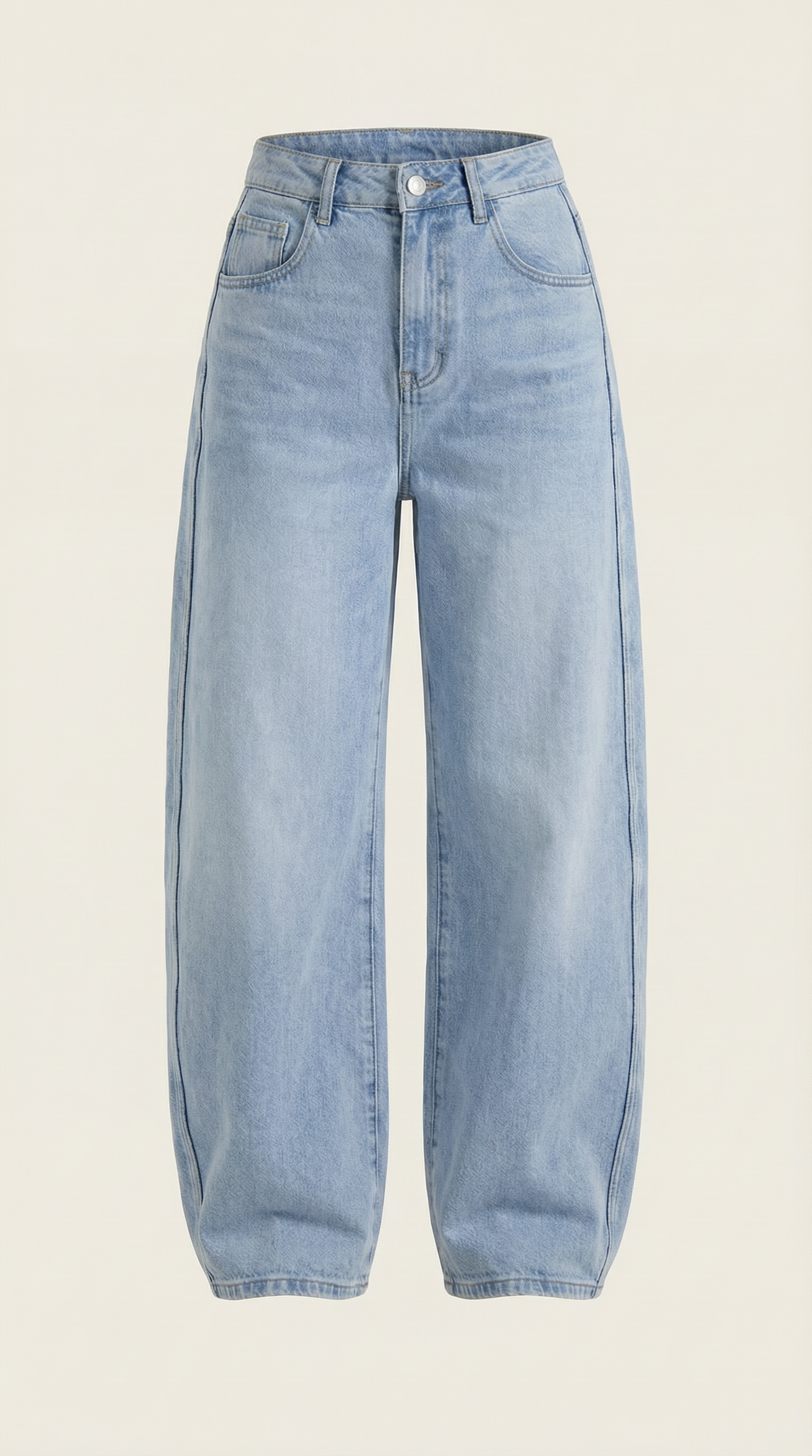 Light blue wide-leg jeans, flat lay view with button and belt loops