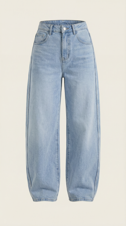 Light blue wide-leg jeans, flat lay view with button and belt loops
