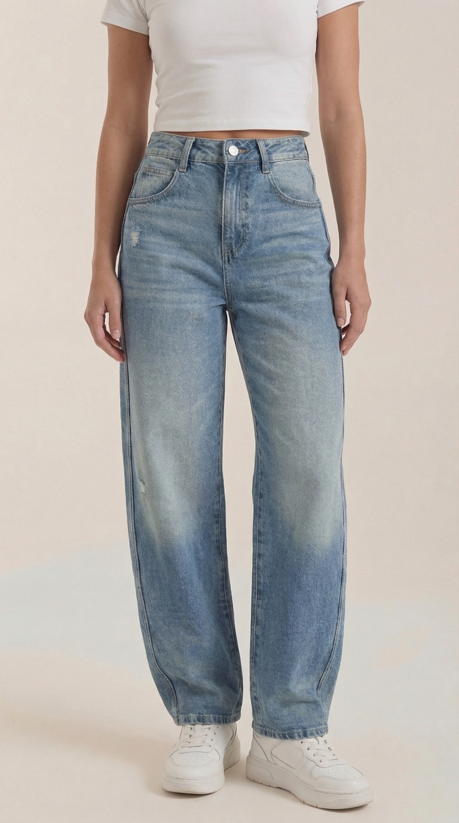 Light blue wide-leg jeans with front pockets, button fly, and belt loops
