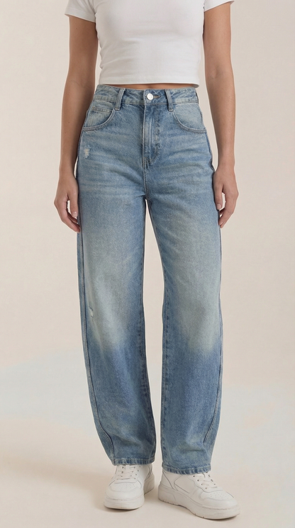 Light blue wide-leg jeans with front pockets, button fly, and belt loops