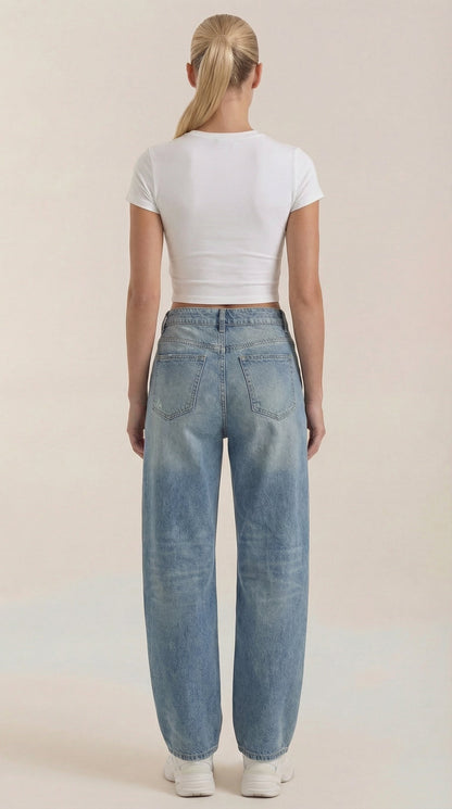 Light blue wide-leg jeans, back view with button waistband and two rear pockets