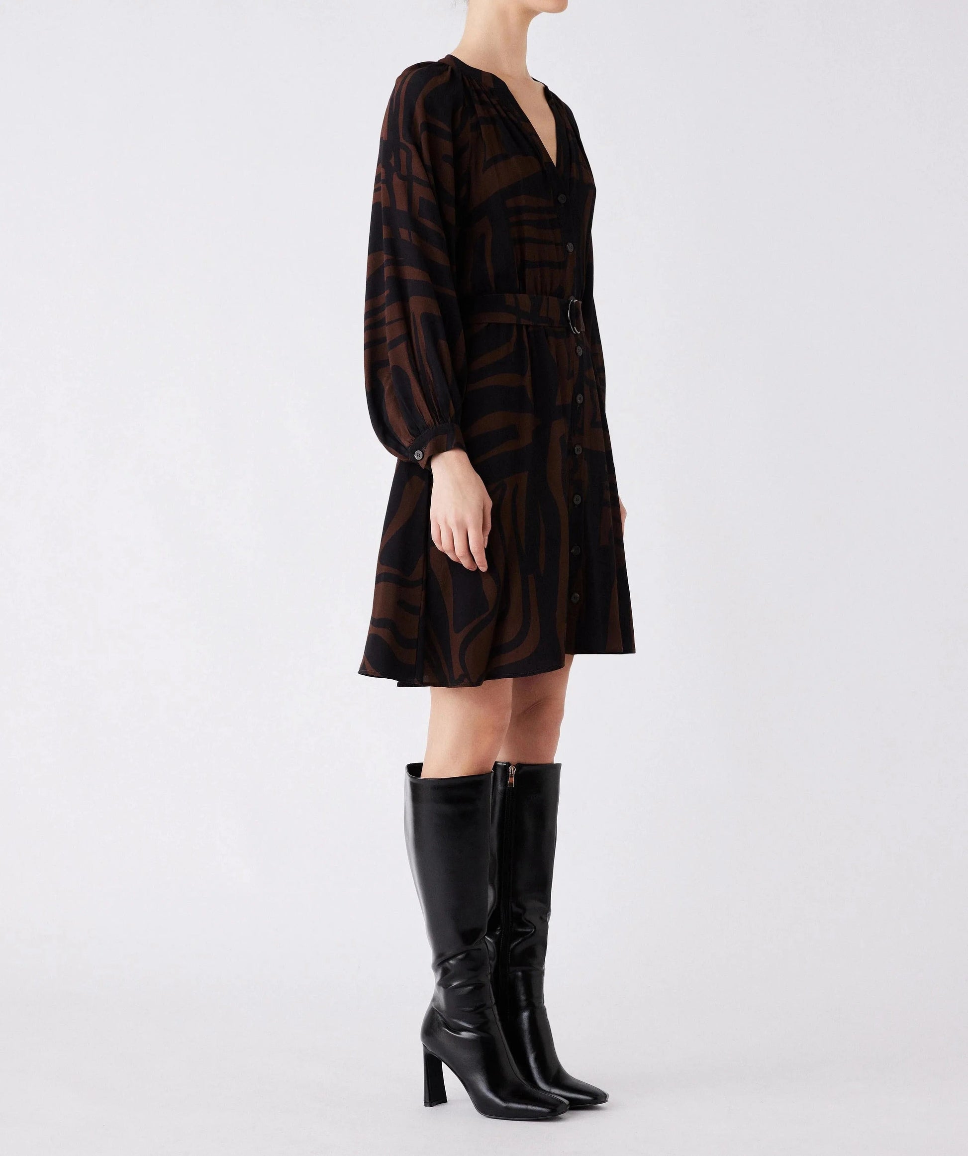 Brown and Black Abstract Print Button-Front Dress with Belt