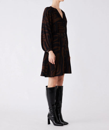 Brown and Black Abstract Print Button-Front Dress with Belt