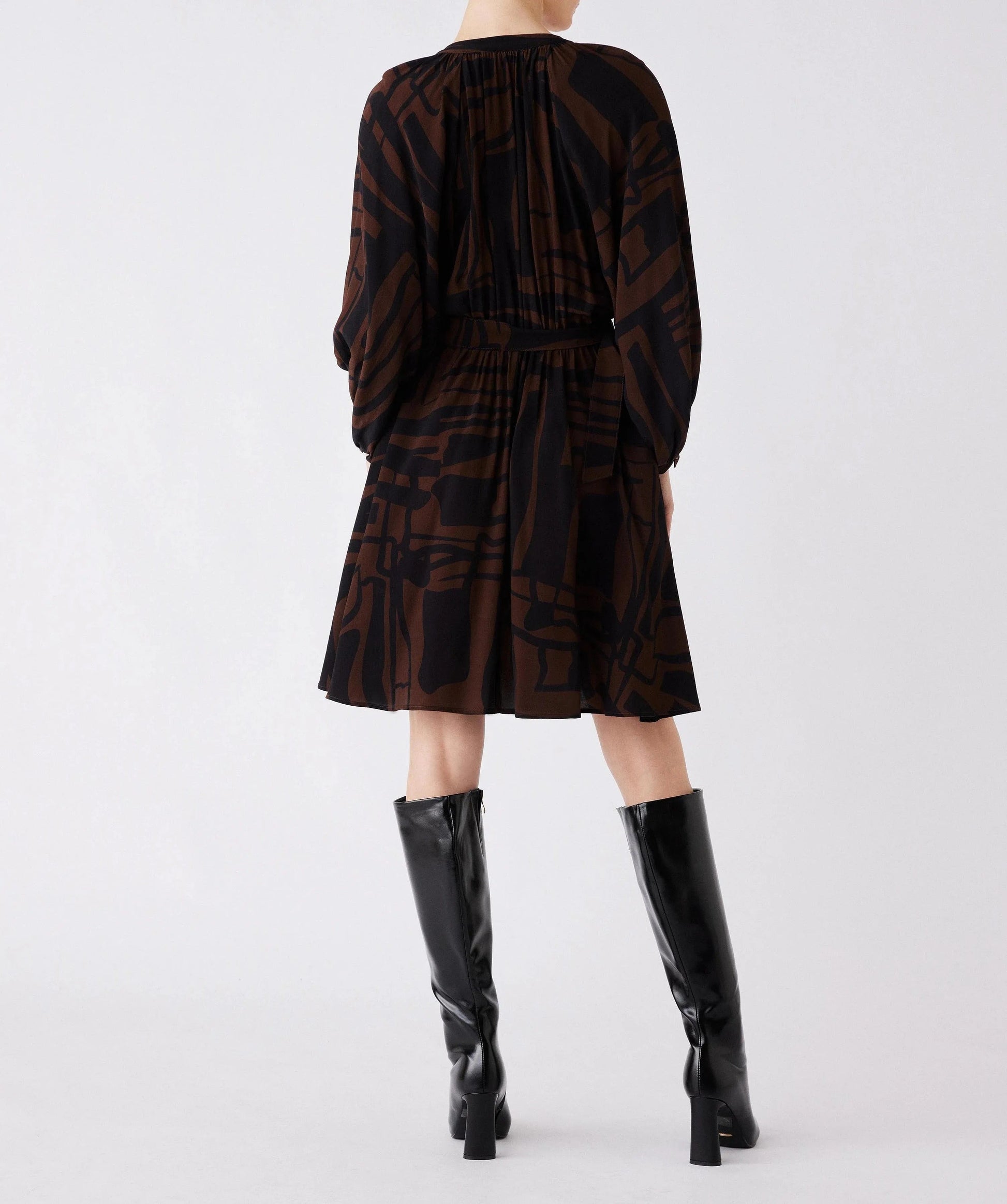 Brown and Black Abstract Print Button-Front Dress with Belt