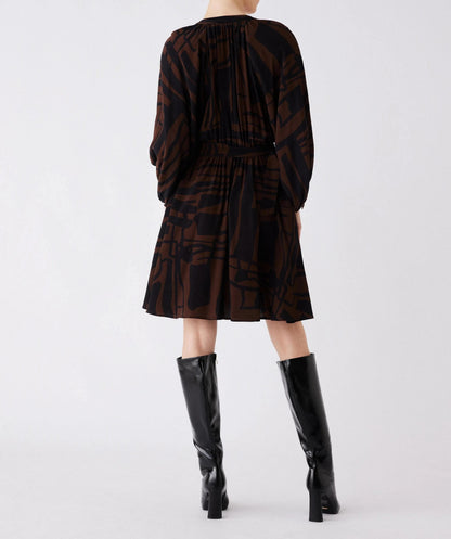 Brown and Black Abstract Print Button-Front Dress with Belt