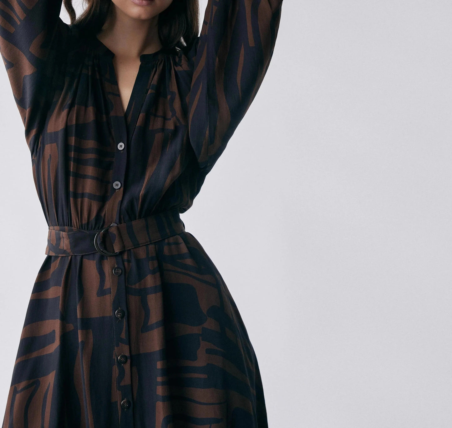 Brown and Black Abstract Print Button-Front Dress with Belt