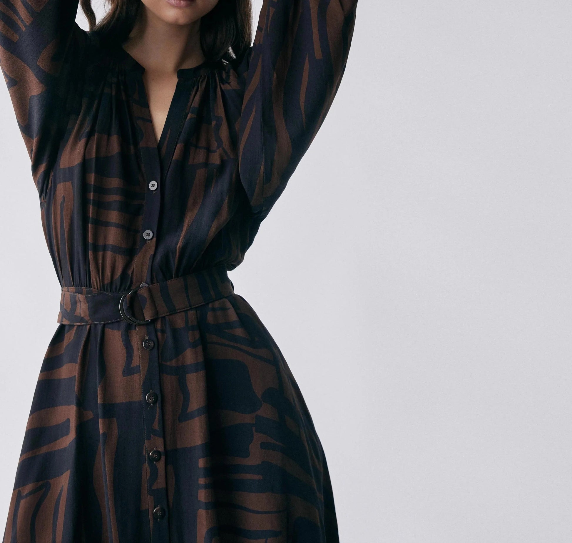Brown and Black Abstract Print Button-Front Dress with Belt