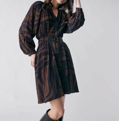 Brown and Black Abstract Print Button-Front Dress with Belt
