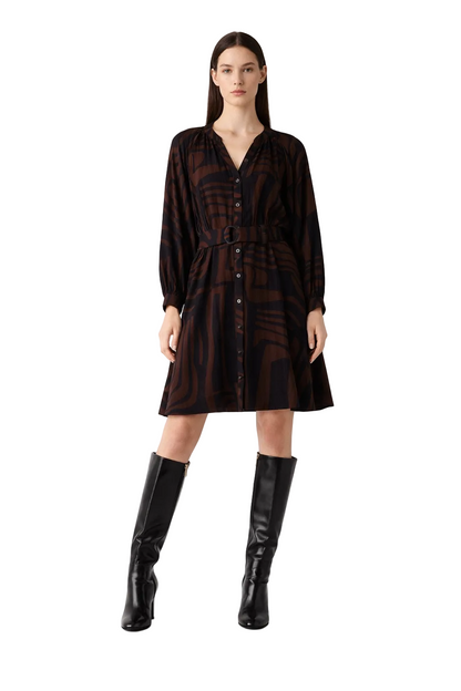 Brown and Black Abstract Print Button-Front Dress with Belt
