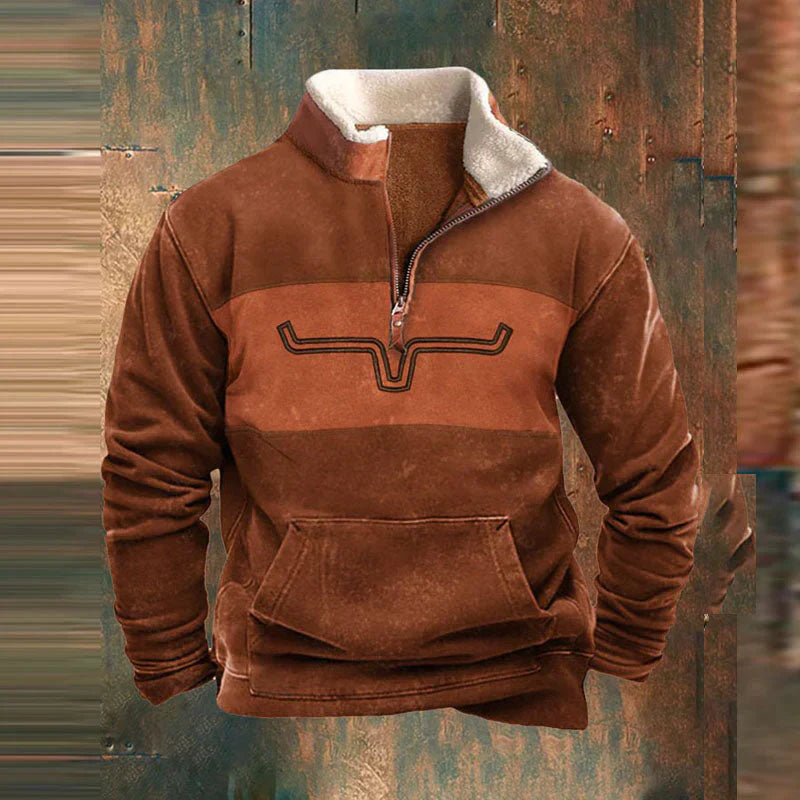 Fleece quarter-zip pullover in brown/orange with tan sherpa collar and front pocket