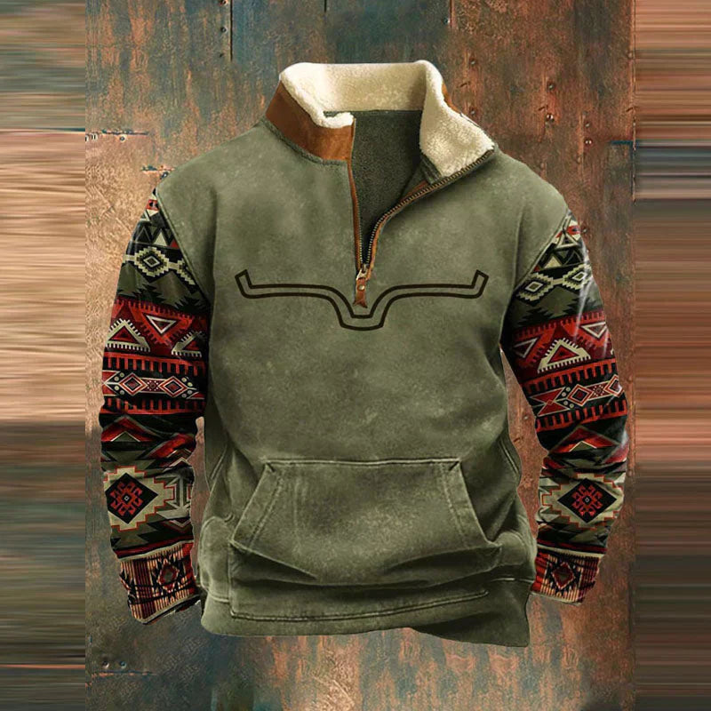 Fleece quarter-zip pullover, dark green with patterned tribal sleeves and front kangaroo pocket