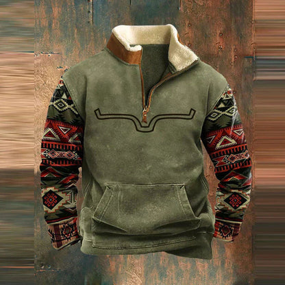 Fleece quarter-zip pullover, dark green with patterned tribal sleeves and front kangaroo pocket