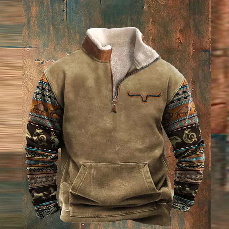 Fleece quarter-zip pullover, tan with patterned tribal sleeves, quarter-zip and front pocket