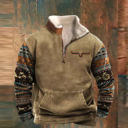 Fleece quarter-zip pullover, tan with patterned tribal sleeves, quarter-zip and front pocket