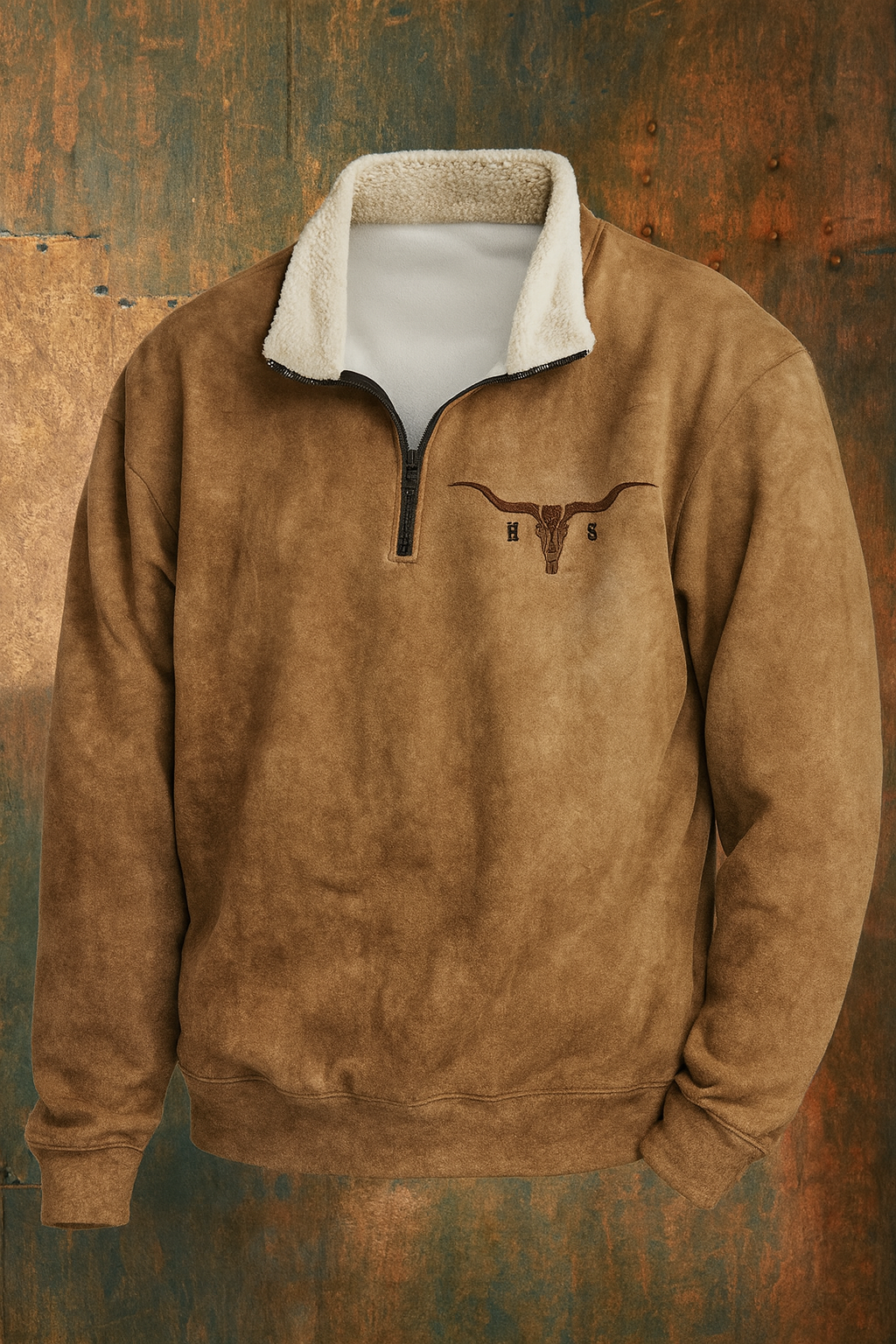 Fleece quarter-zip pullover, tan with stand collar and front half-zip panel