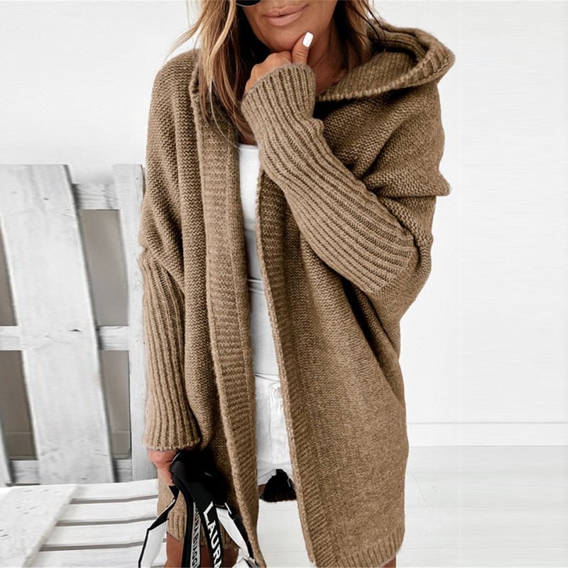 Khaki hooded knit cardigan with long sleeves and chunky ribbed cuffs