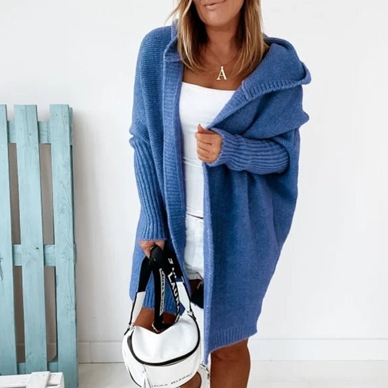 Blue knit hooded cardigan with long sleeves