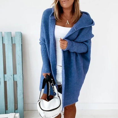 Blue knit hooded cardigan with long sleeves