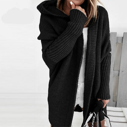 Black hooded knit cardigan with long sleeves and ribbed pocket openings
