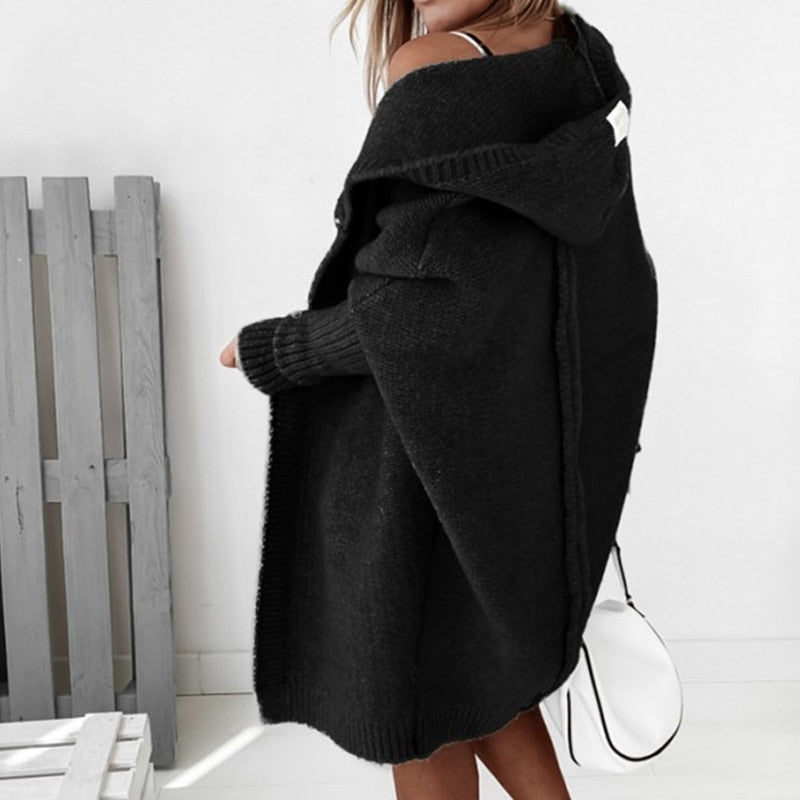 Black off-shoulder hooded knit cardigan with long sleeves