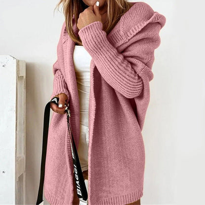 Mauve/pink hooded knit cardigan with long sleeves and ribbed cuffs