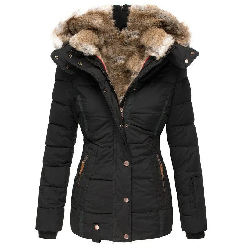 Black winter puffer jacket with faux fur hood and button-front, long sleeves