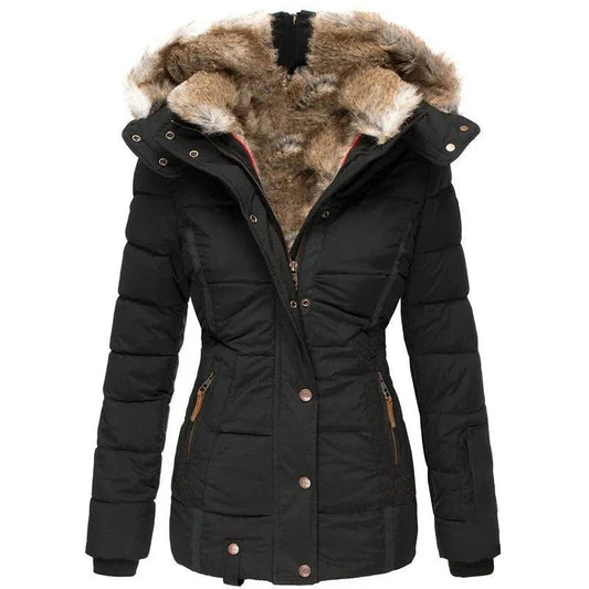 Black winter puffer jacket with faux fur hood and button-front, long sleeves