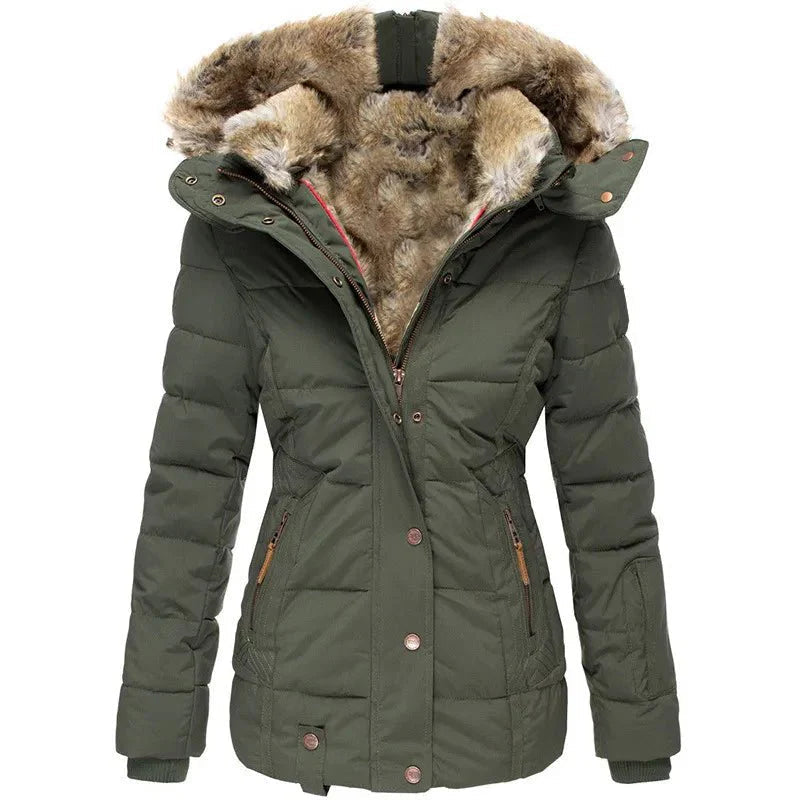 Green winter puffer jacket with faux fur hood, button-front, long sleeves