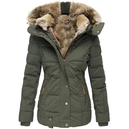 Green winter puffer jacket with faux fur hood, button-front, long sleeves