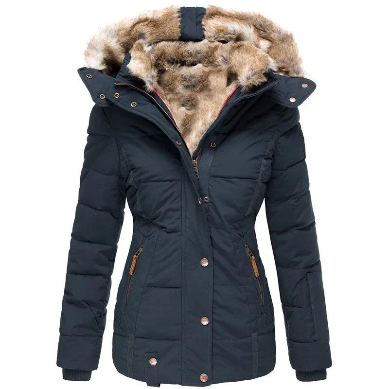 Navy winter puffer jacket with faux fur hood, button-front, long sleeves