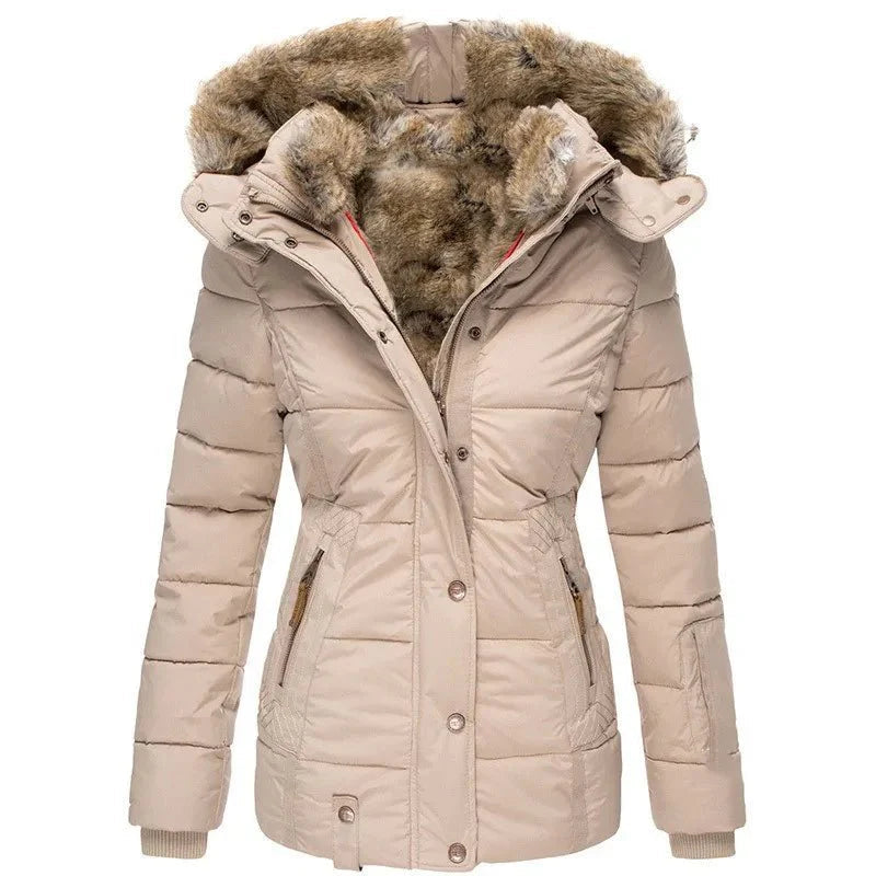 Beige winter puffer jacket with faux fur hood, button-front, long sleeves