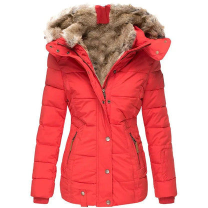 Red winter puffer jacket with faux fur hood, button-front, long sleeves