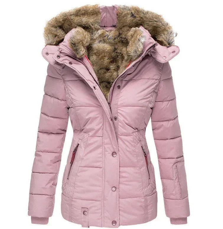 Pink winter puffer jacket with faux fur hood, button-front, long sleeves