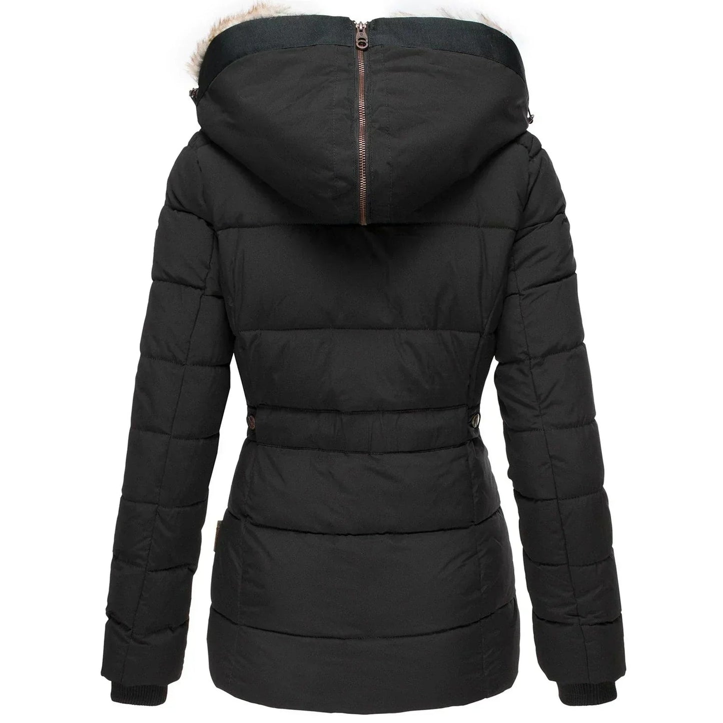 Black winter puffer jacket with faux fur trimmed hood, button-front, long sleeves