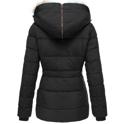 Black winter puffer jacket with faux fur trimmed hood, button-front, long sleeves