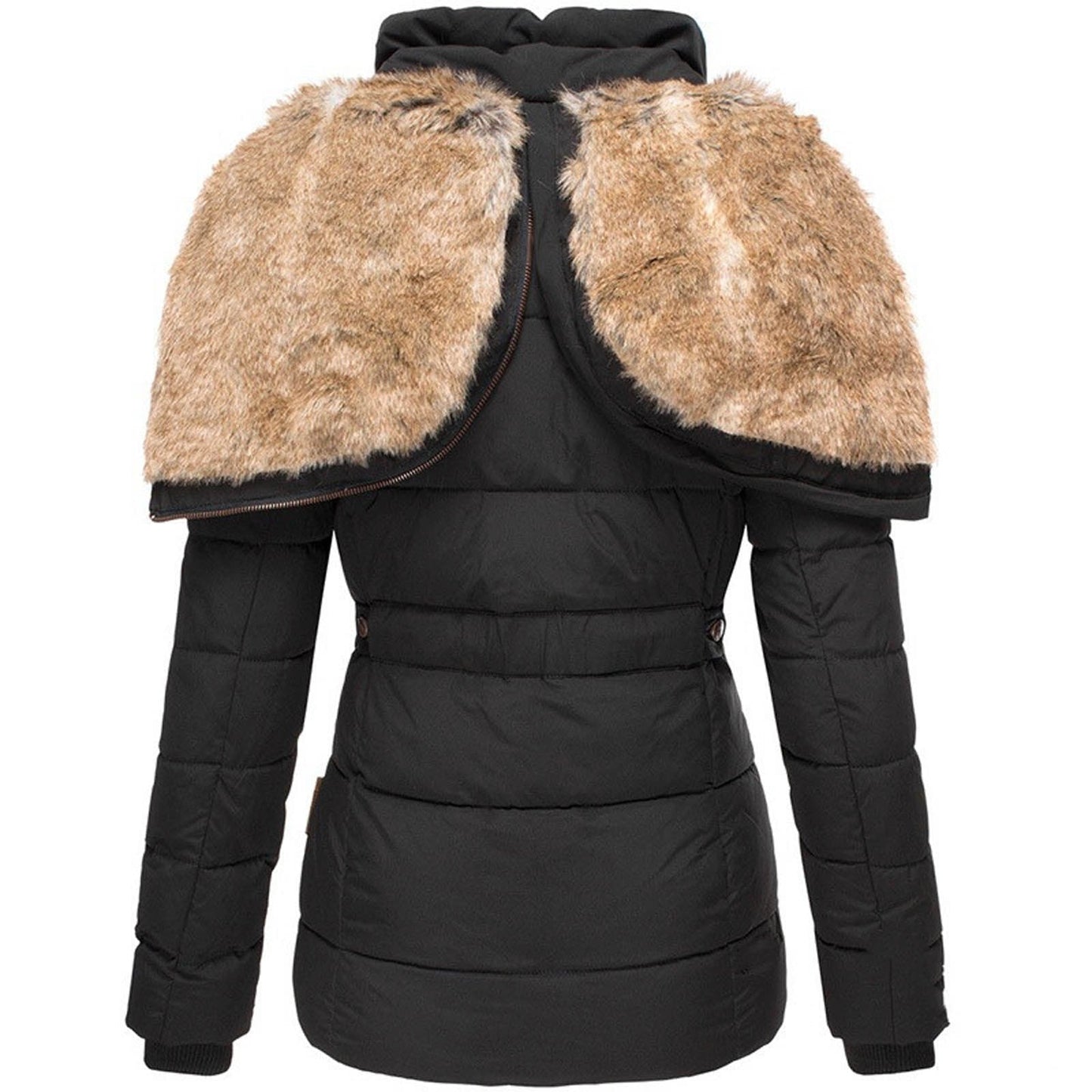 Black winter puffer jacket with wide faux fur shoulders and button-front, long sleeves