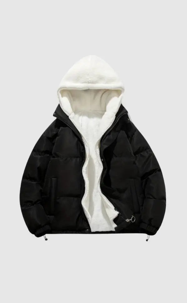 Women’s warm zip-up winter jacket, black with sherpa-lined hood and full zip