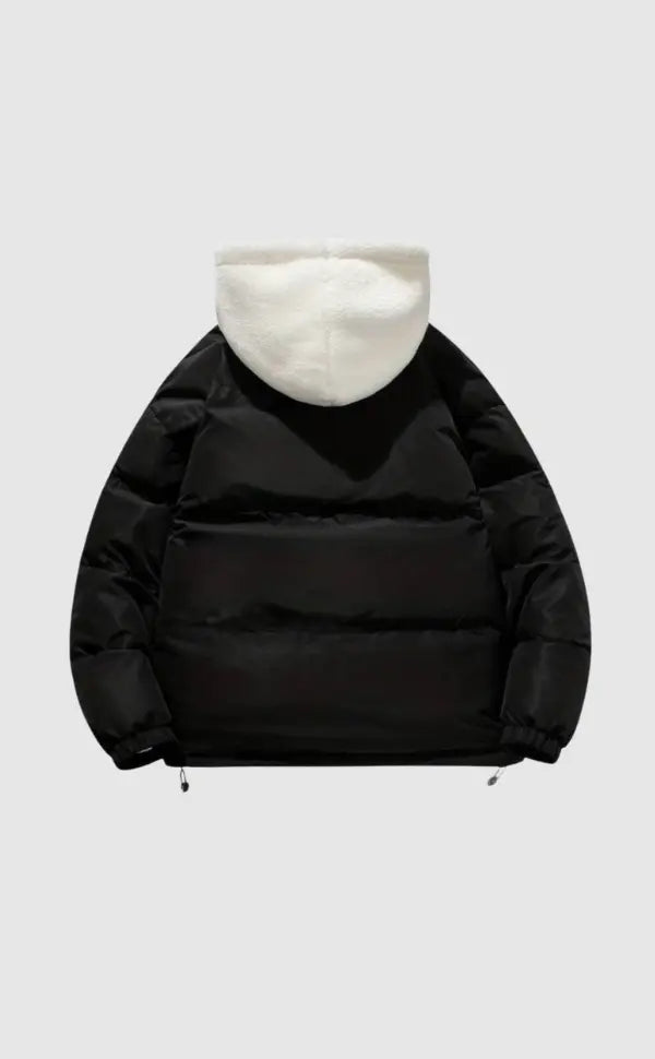 Women’s warm zip-up winter jacket, black with sherpa-lined hood and zip