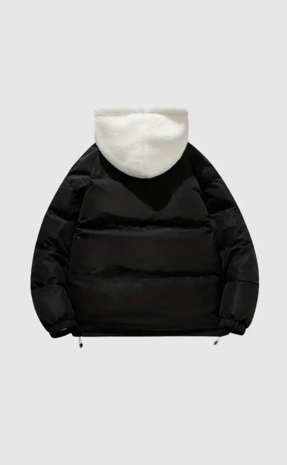 Women’s warm zip-up winter jacket, black with sherpa-lined hood and zip