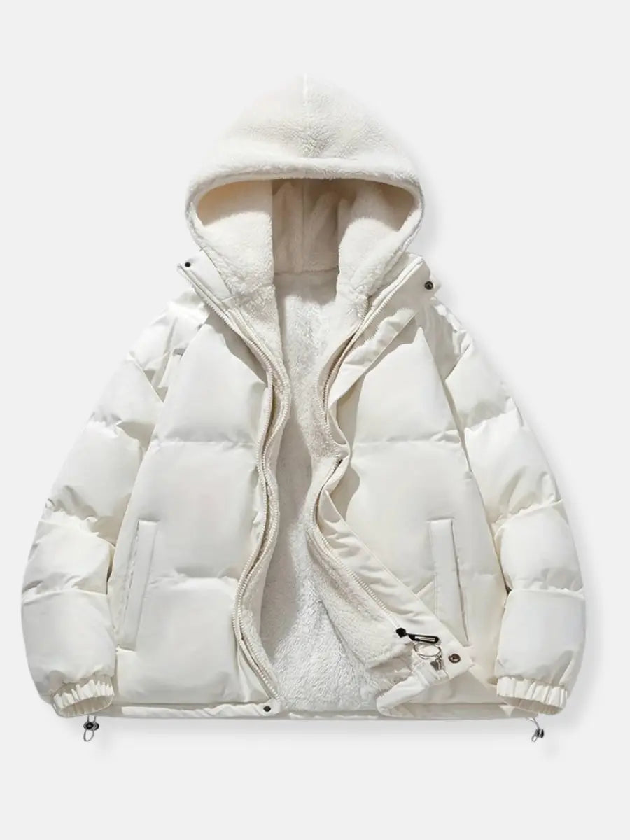 White sherpa-lined puffer winter jacket with full-zip hood and zip pockets
