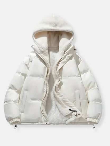 White sherpa-lined puffer winter jacket with full-zip hood and zip pockets