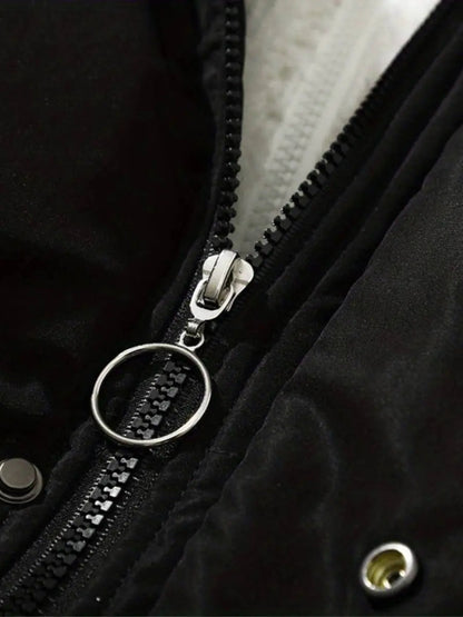 Women’s zip-up winter jacket close-up of metal zipper pull and loop