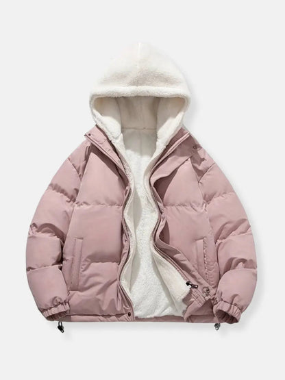 Women’s warm zip-up winter jacket, pink with sherpa-lined hood and full zip