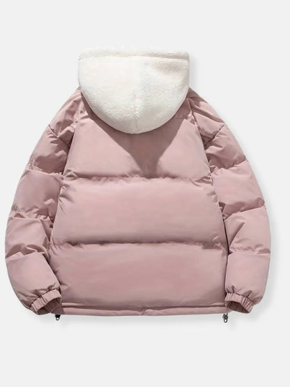 Women’s warm zip-up winter jacket, pink with sherpa-lined hood and zip