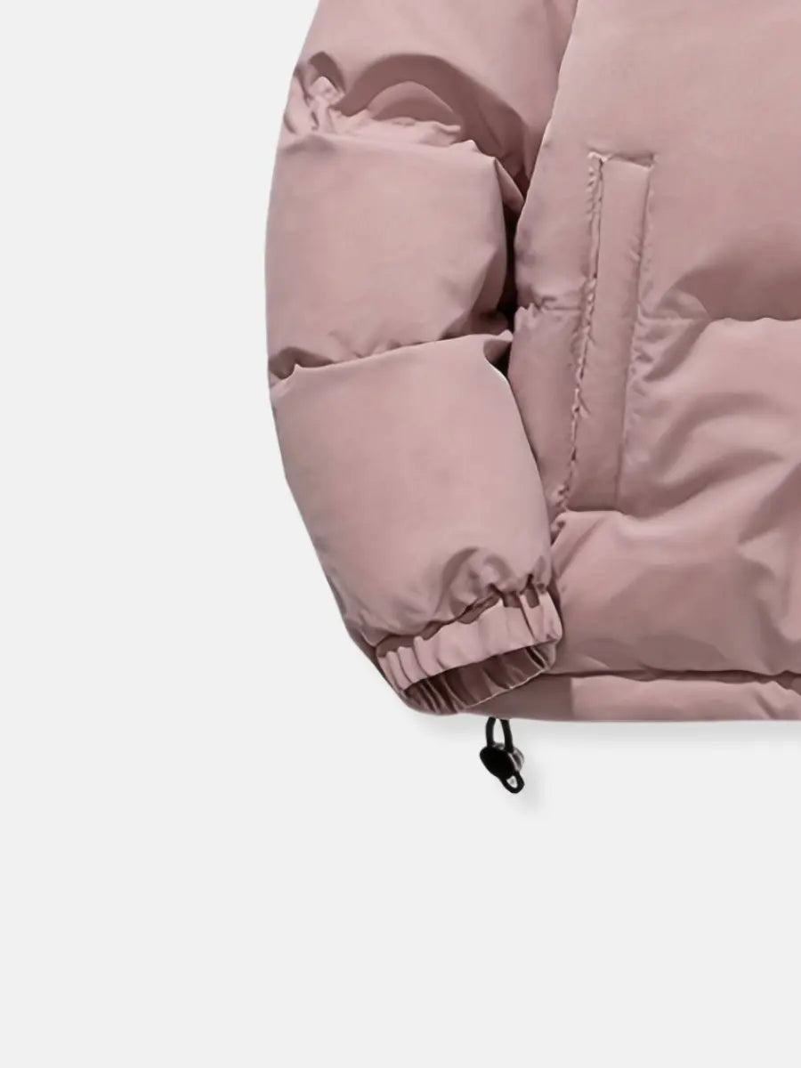 Women’s warm zip-up winter jacket cuff and hem, pink with elastic drawcord